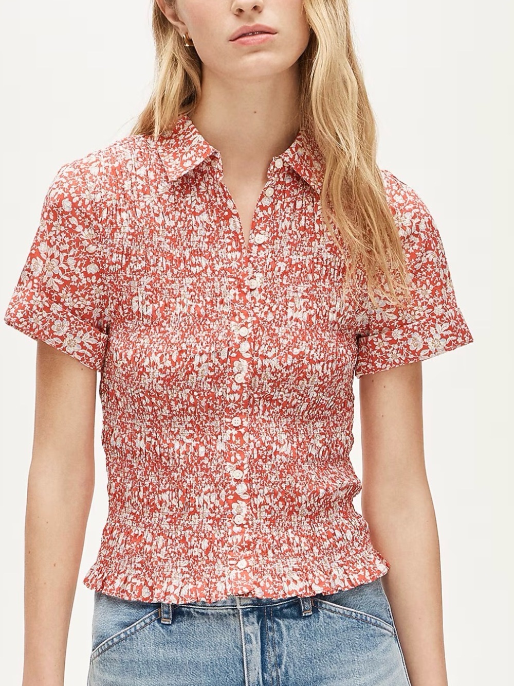J. Crew Coral Floral Smocked Button-Down Shirt